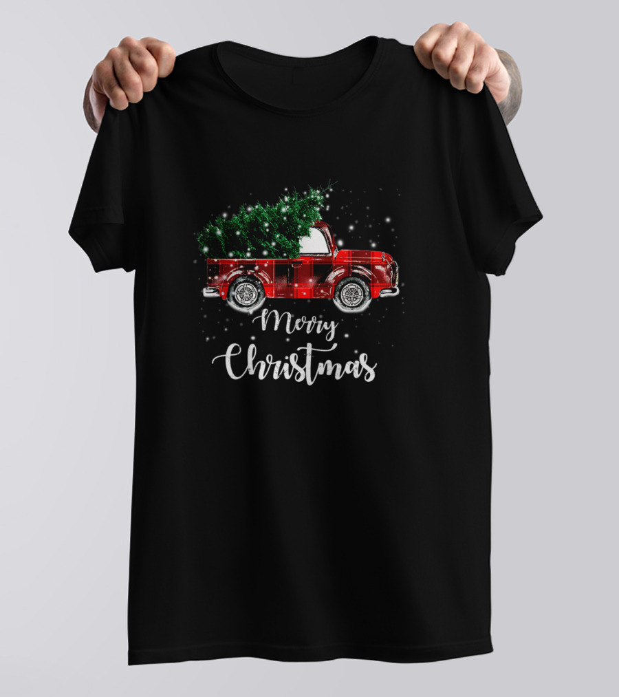 Merry Christmas Buffalo Plaid Red Truck With Christmas Tree T-Shirt