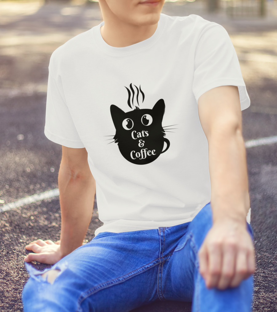 Cats And Coffee Silhouette Whiskers Steam Eyes T-Shirt