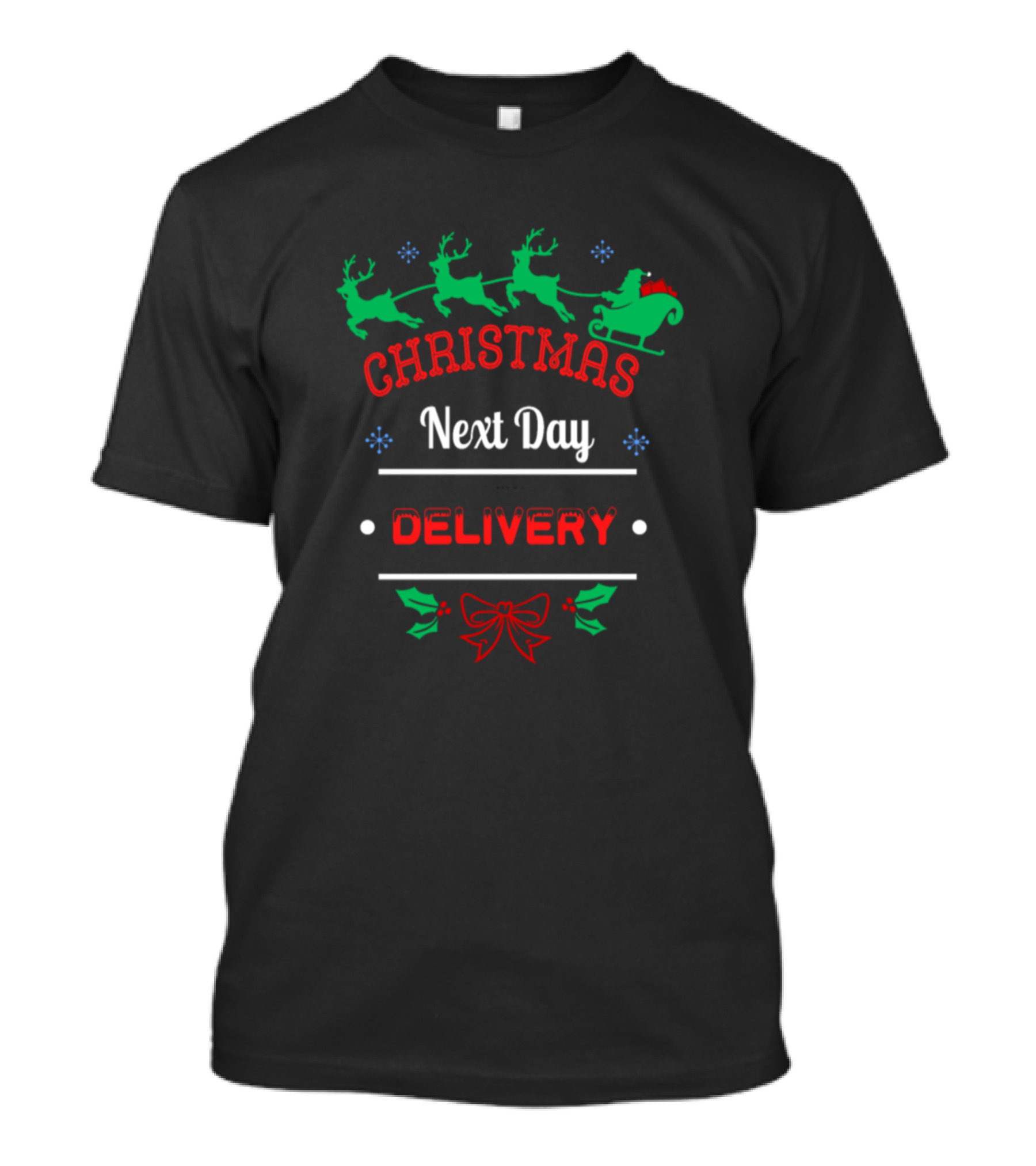Christmas Next Day Delivery Santa Sleigh Reindeer Bow T-Shirt
