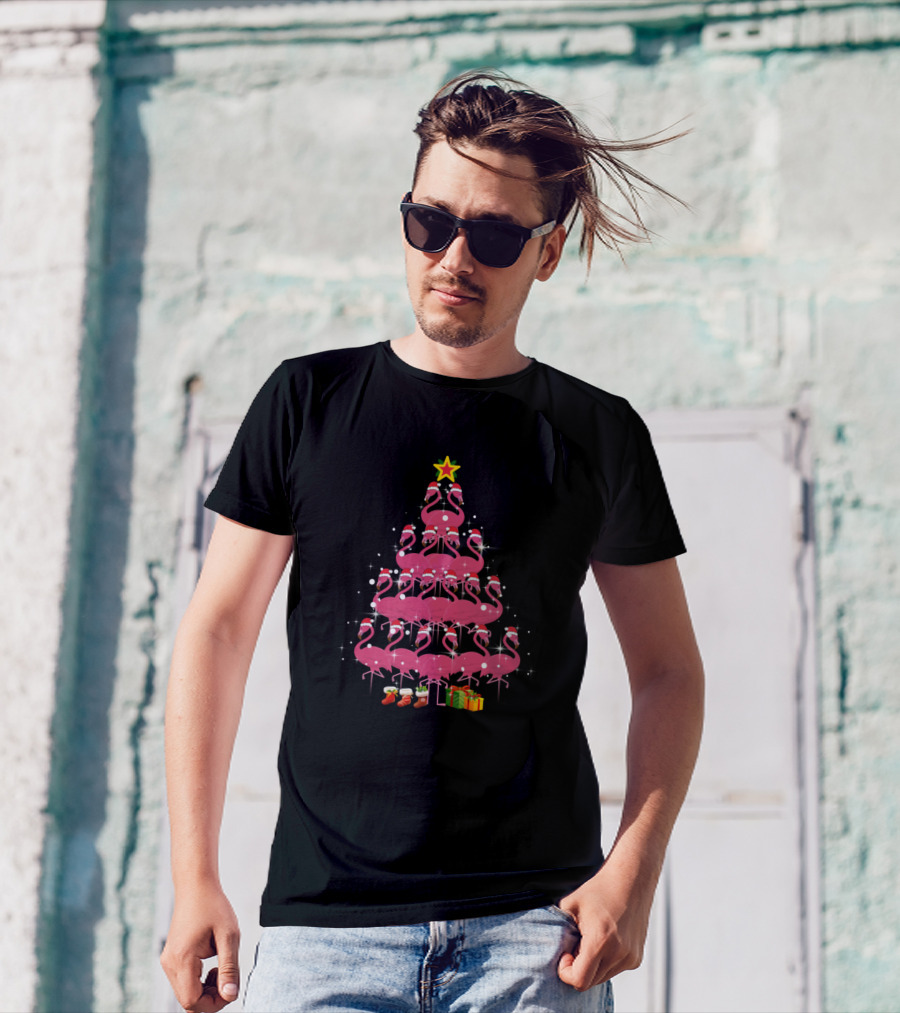 Christmas Tree Flamingos With Santa Hats And Gifts T-Shirt