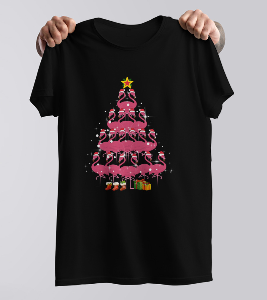 Christmas Tree Flamingos With Santa Hats And Gifts T-Shirt