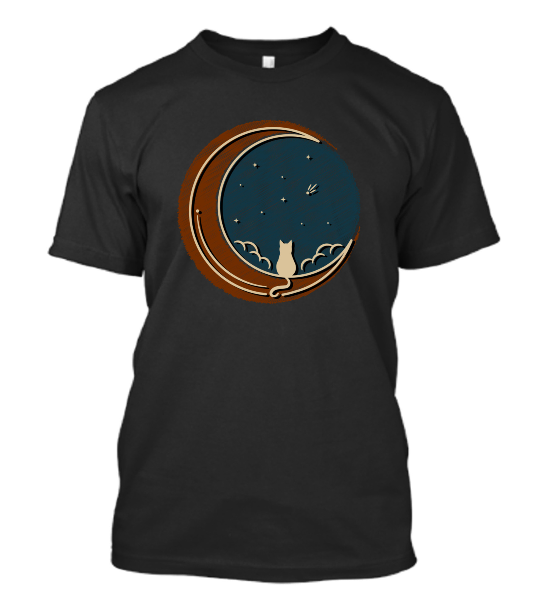Moonlit Cat On Crescent With Stars T-Shirt