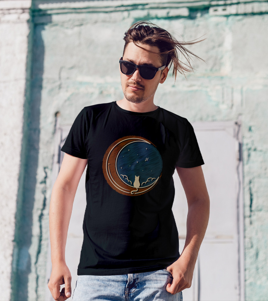 Moonlit Cat On Crescent With Stars T-Shirt