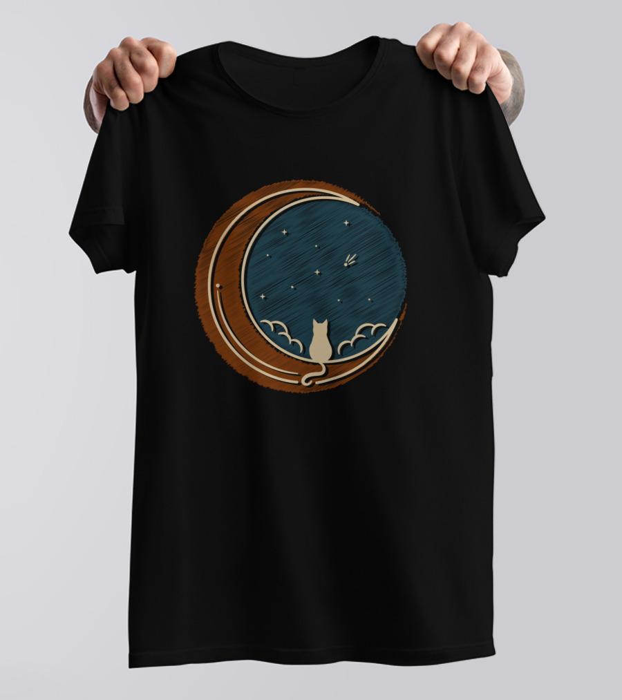Moonlit Cat On Crescent With Stars T-Shirt
