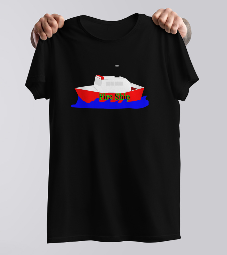 Fire Ship Red Boat On Blue Water T-Shirt