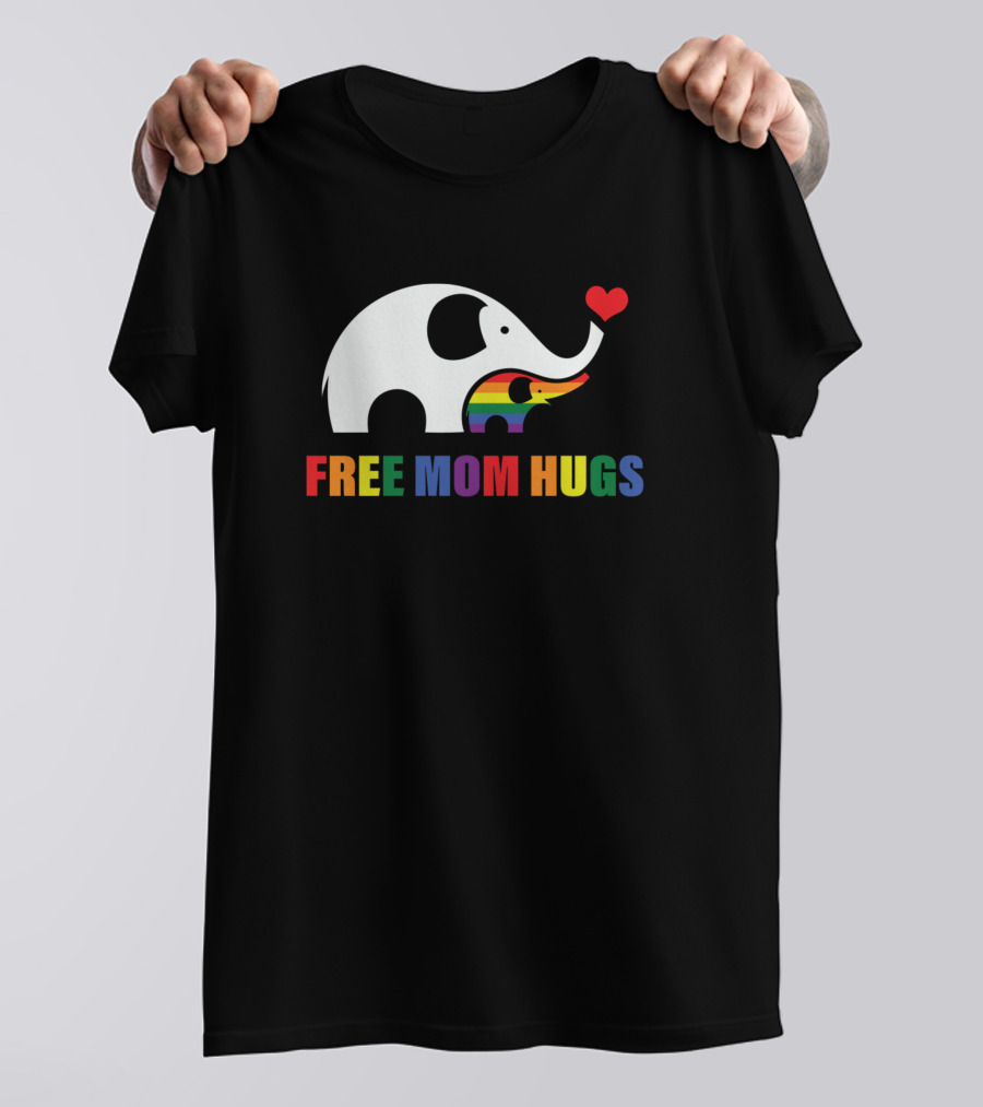 Free Mom Hugs Pride Elephant With Rainbow Heart T-Shirt