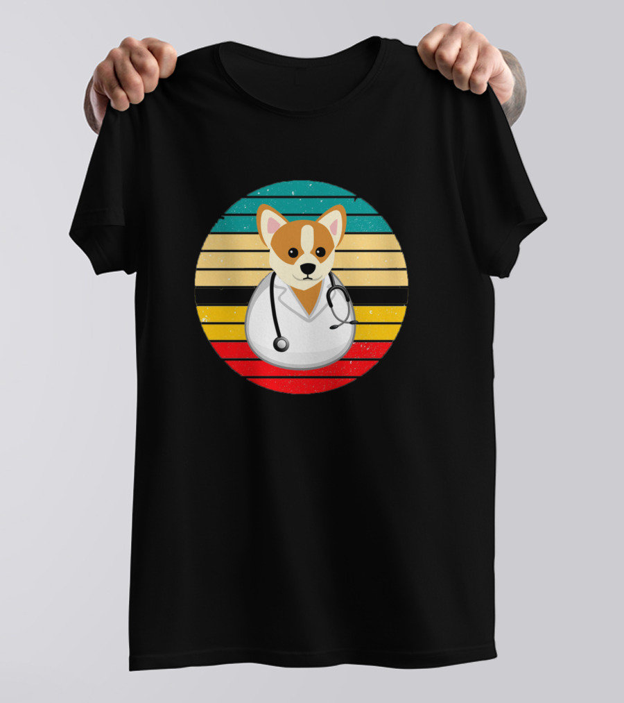 Funny Dogtor Corgi With Stethoscope In Retro Style Stripes T-Shirt
