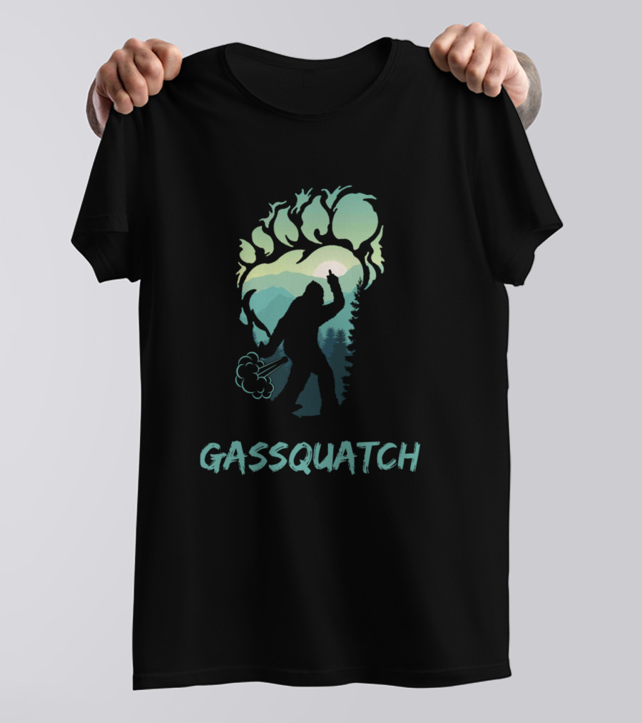 Gassquatch Bigfoot Silhouette With Forest And Mountains T-Shirt