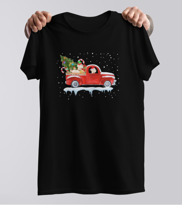 Santa Goat Christmas Tree In Red Truck Holiday Scene T-Shirt