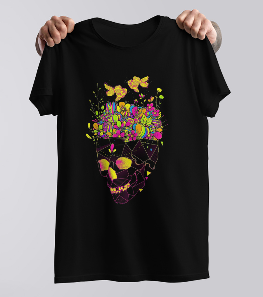 Get Lost Skull With Neon Flowers And Fish T-Shirt