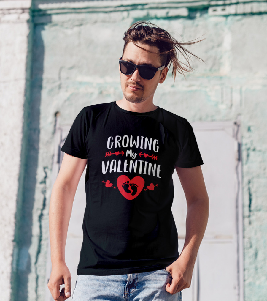 Growing My Valentine Heart Baby Footprints Valentine's Day Announcement T-Shirt
