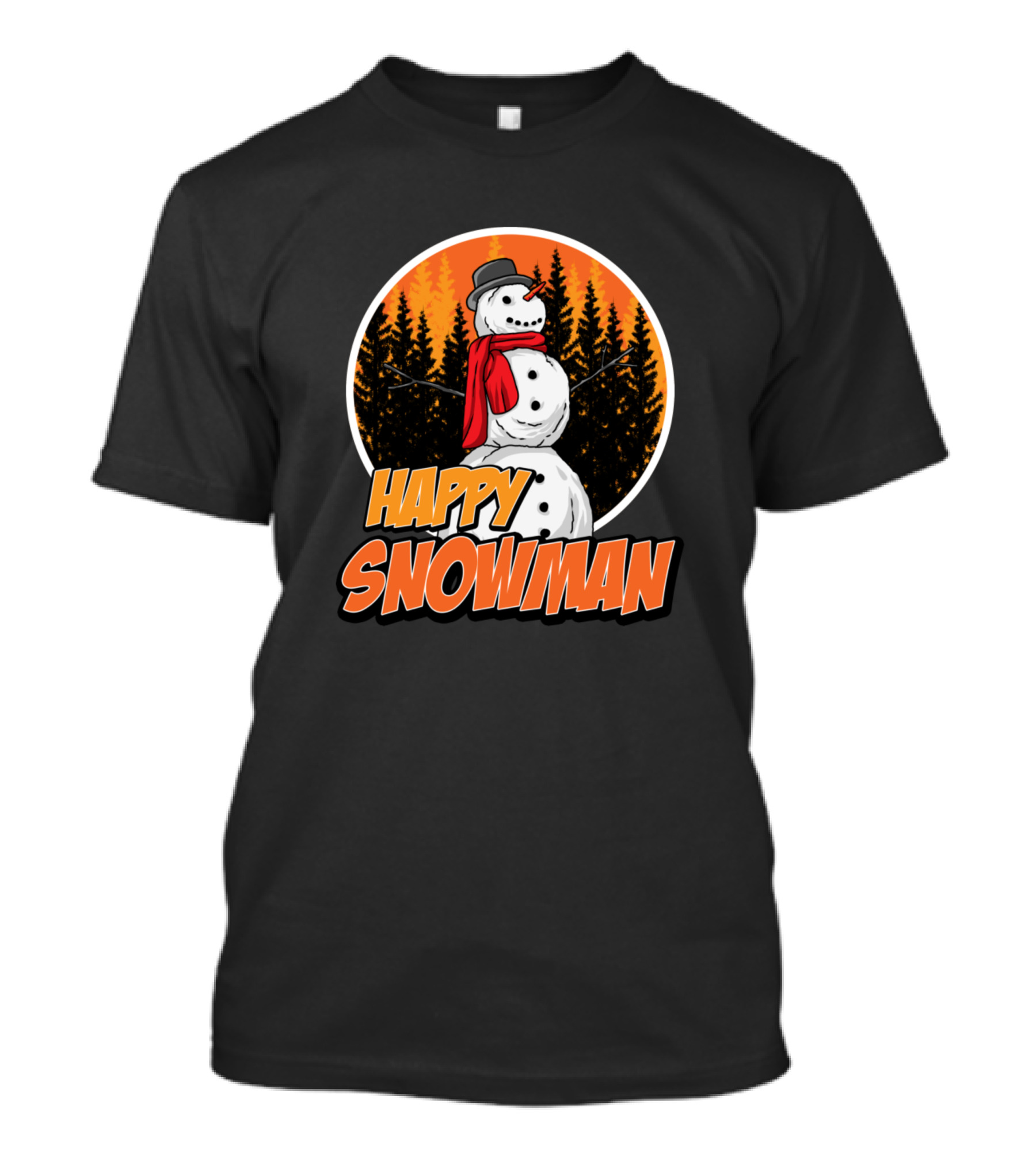 Happy Snowman In Forest With Orange Sky T-Shirt