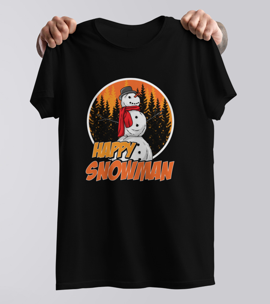 Happy Snowman In Forest With Orange Sky T-Shirt