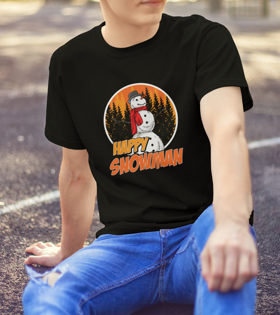 Happy Snowman In Forest With Orange Sky T-Shirt