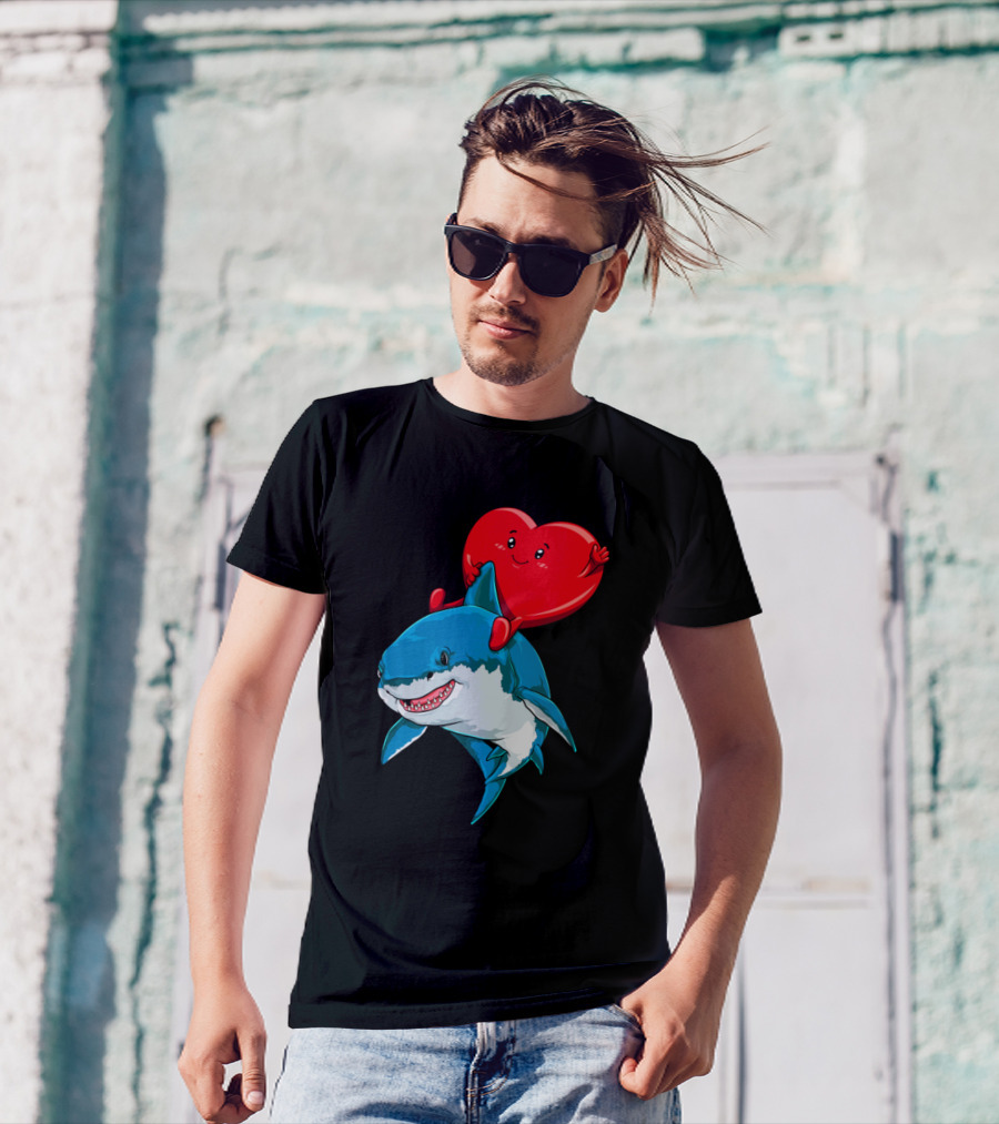 Valentines Day Heart Riding Shark Lovers T-Shirt
