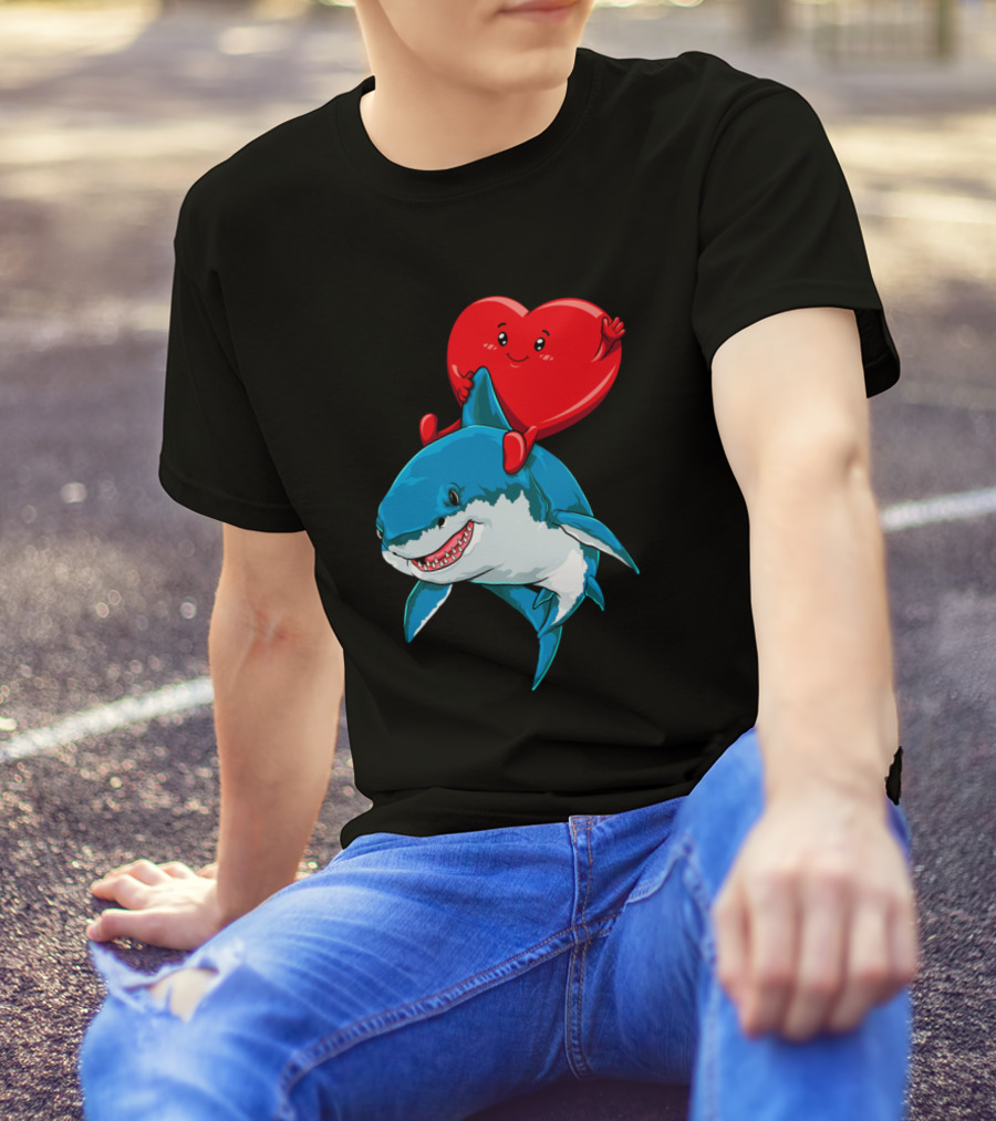 Valentines Day Heart Riding Shark Lovers T-Shirt