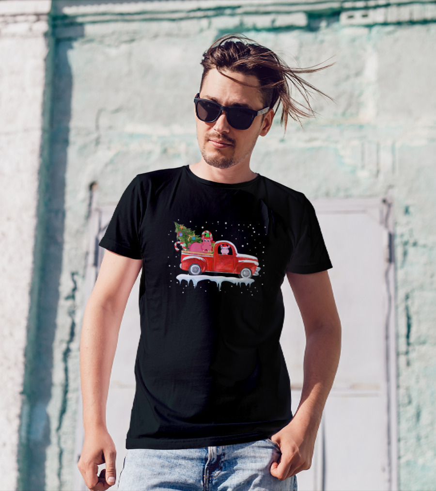 Hippopotamus Drive Red Truck Christmas Tree Candy Cane Winter Snow Scene T-Shirt