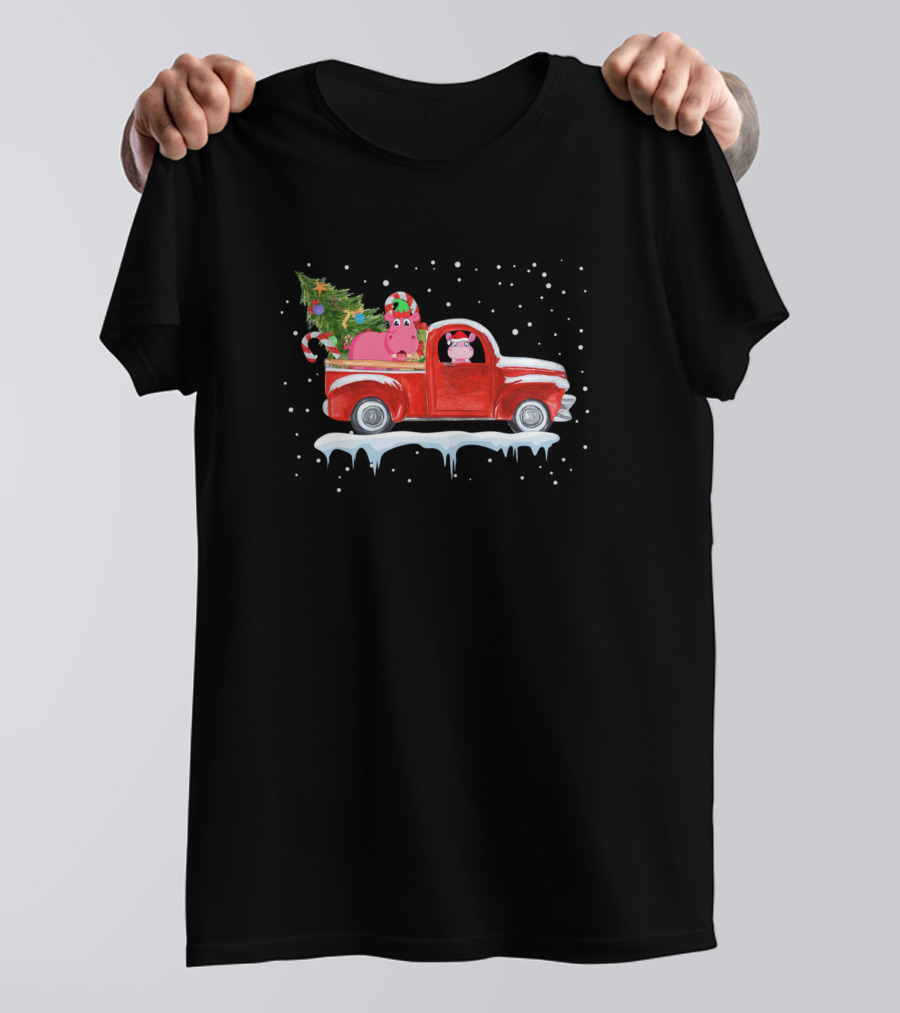 Hippopotamus Drive Red Truck Christmas Tree Candy Cane Winter Snow Scene T-Shirt