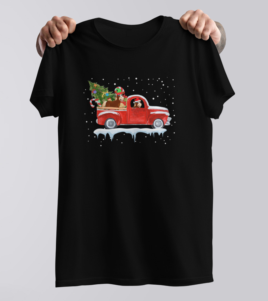 Horse Driving Red Truck Christmas Tree Winter T-Shirt