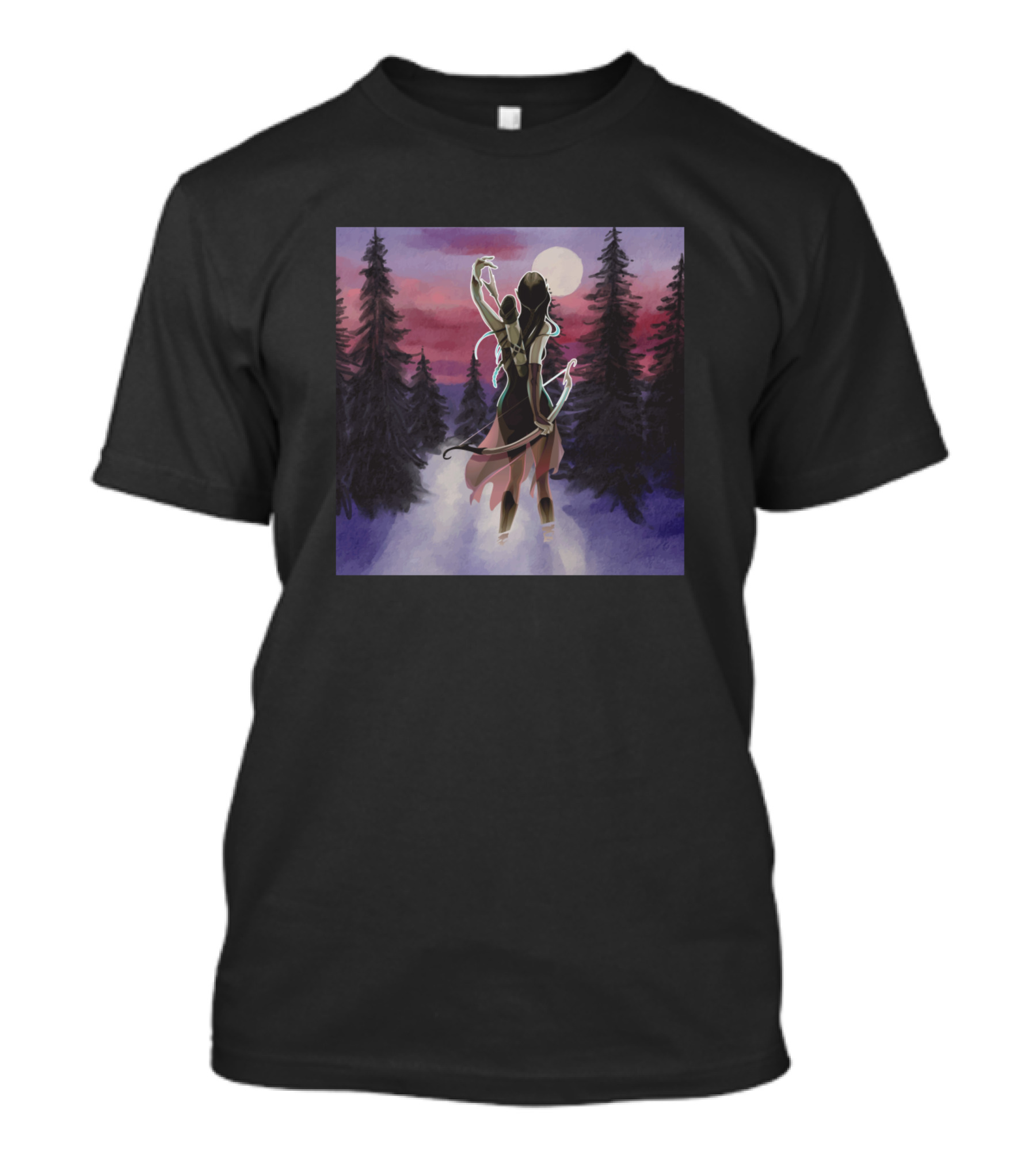 Hunting Beauty Watercolor Hand Drawn Scene Mystical Forest Archer Moonlit Night T-Shirt