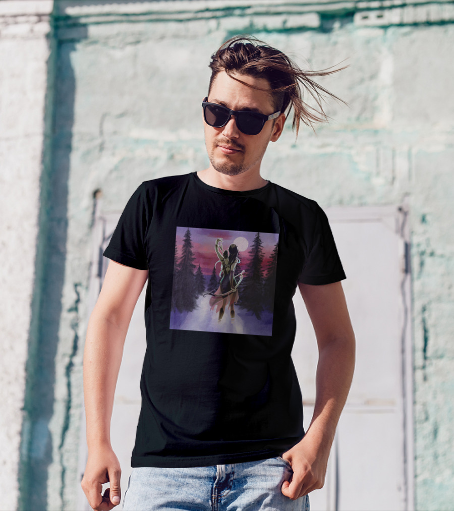 Hunting Beauty Watercolor Hand Drawn Scene Mystical Forest Archer Moonlit Night T-Shirt