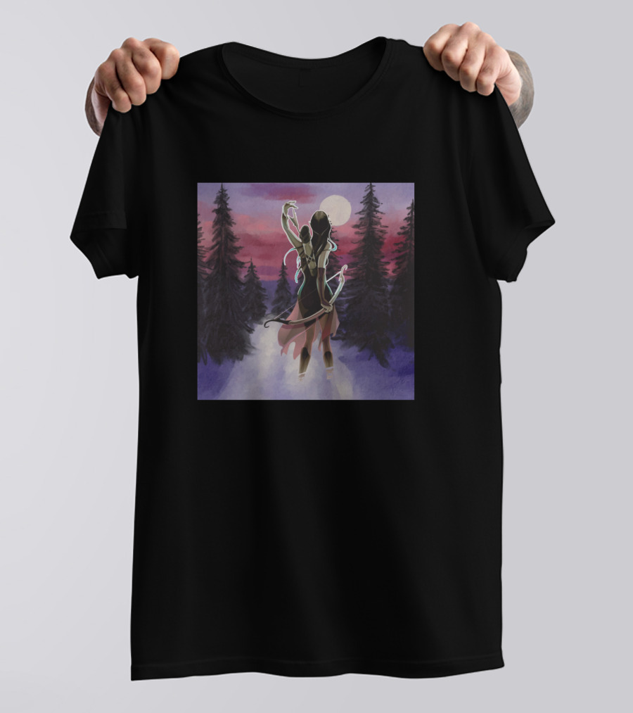 Hunting Beauty Watercolor Hand Drawn Scene Mystical Forest Archer Moonlit Night T-Shirt