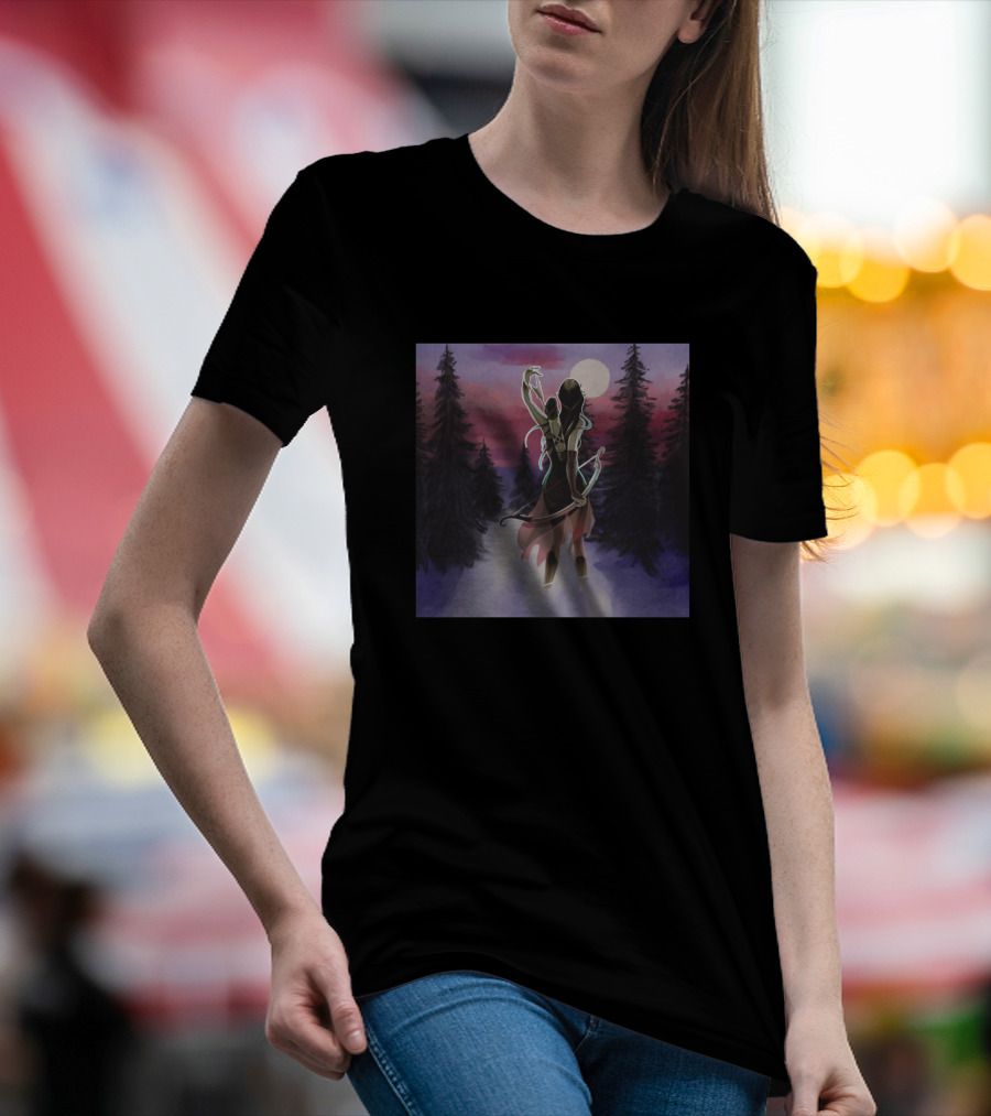 Hunting Beauty Watercolor Hand Drawn Scene Mystical Forest Archer Moonlit Night T-Shirt
