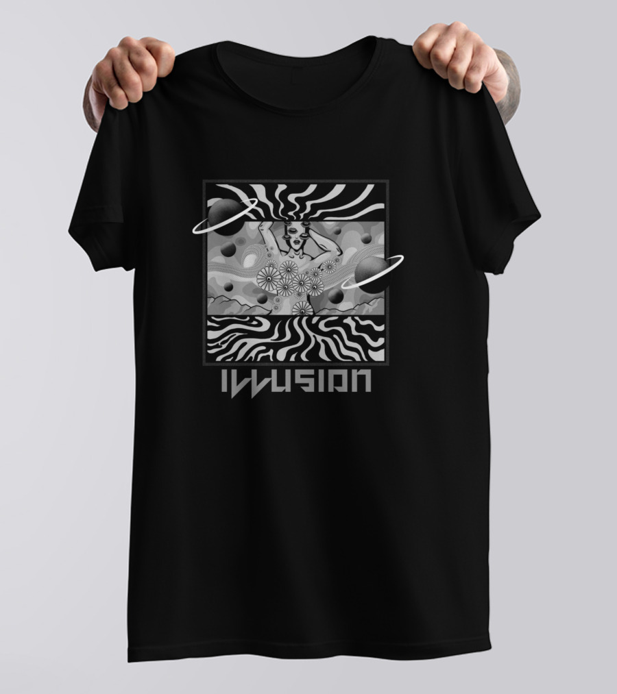 Illusion Optical Art Woman With Flowers And Planetary Rings T-Shirt