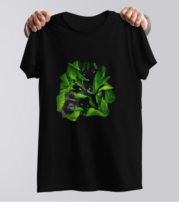 Jungle Eyes Gorilla And Panther Hidden In Leaves T-Shirt