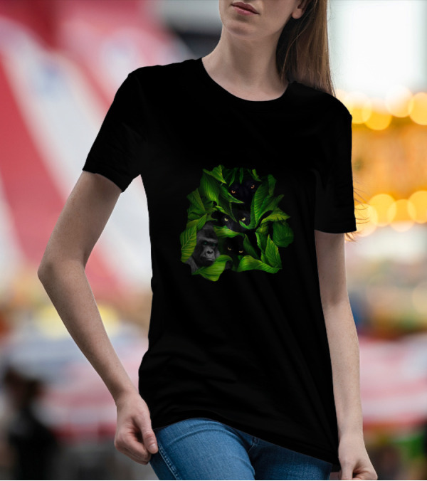 Jungle Eyes Gorilla And Panther Hidden In Leaves T-Shirt