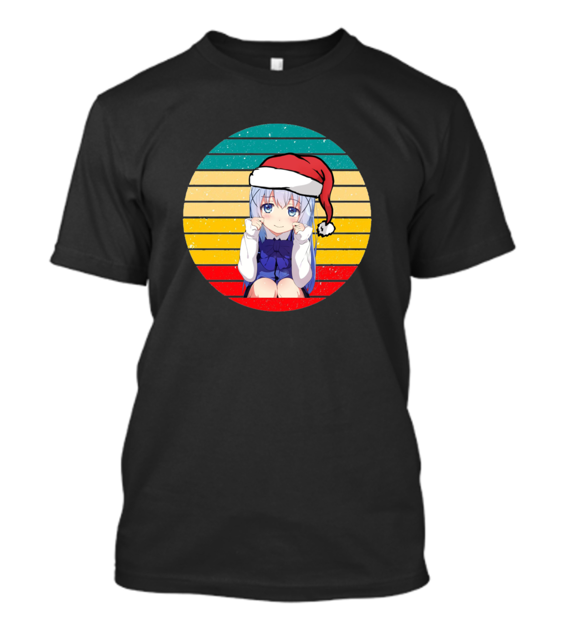 Kafuu Chino Anime Christmas Santa Hat Retro Stripes T-Shirt