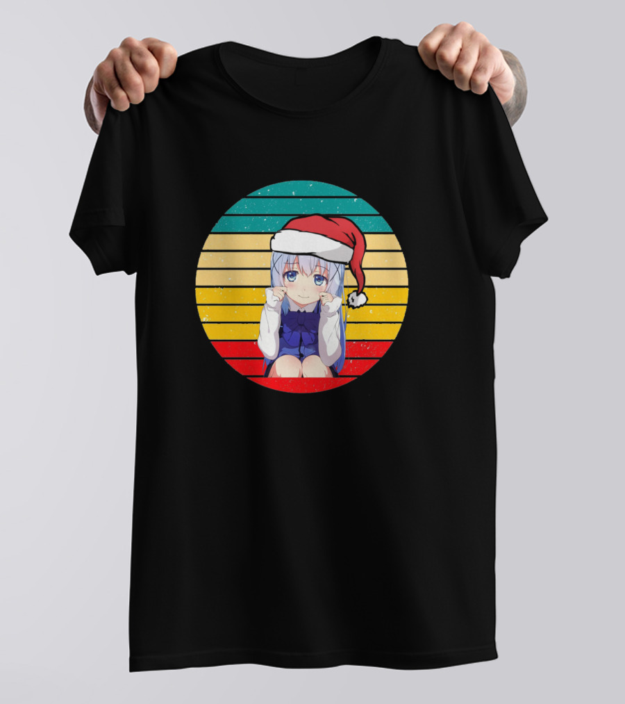 Kafuu Chino Anime Christmas Santa Hat Retro Stripes T-Shirt