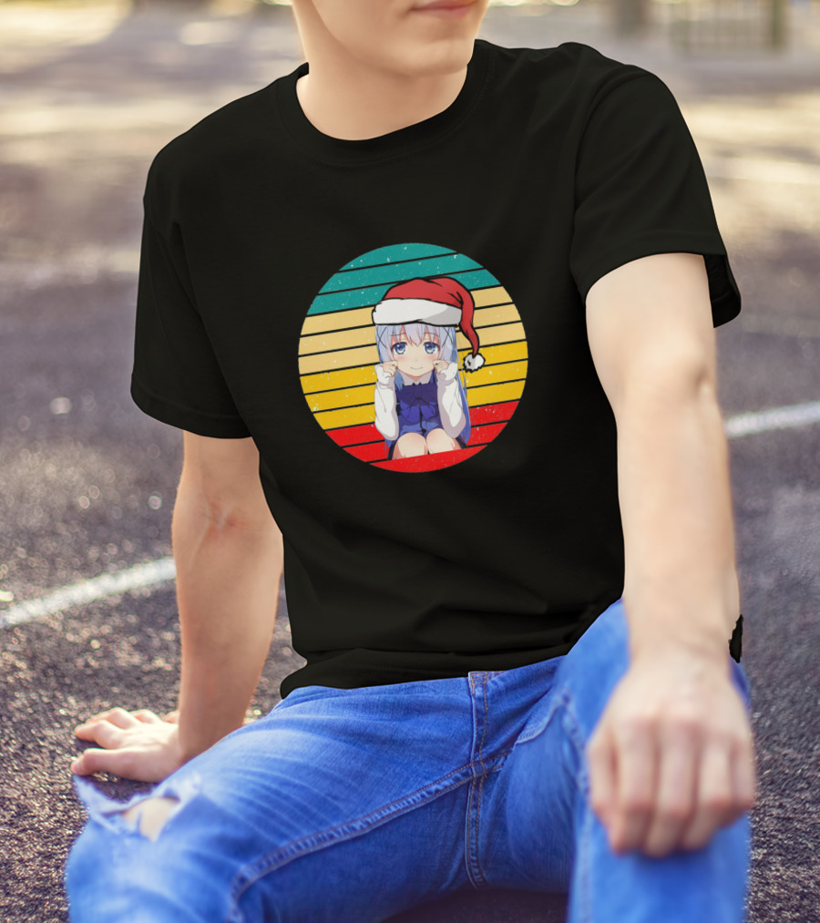 Kafuu Chino Anime Christmas Santa Hat Retro Stripes T-Shirt