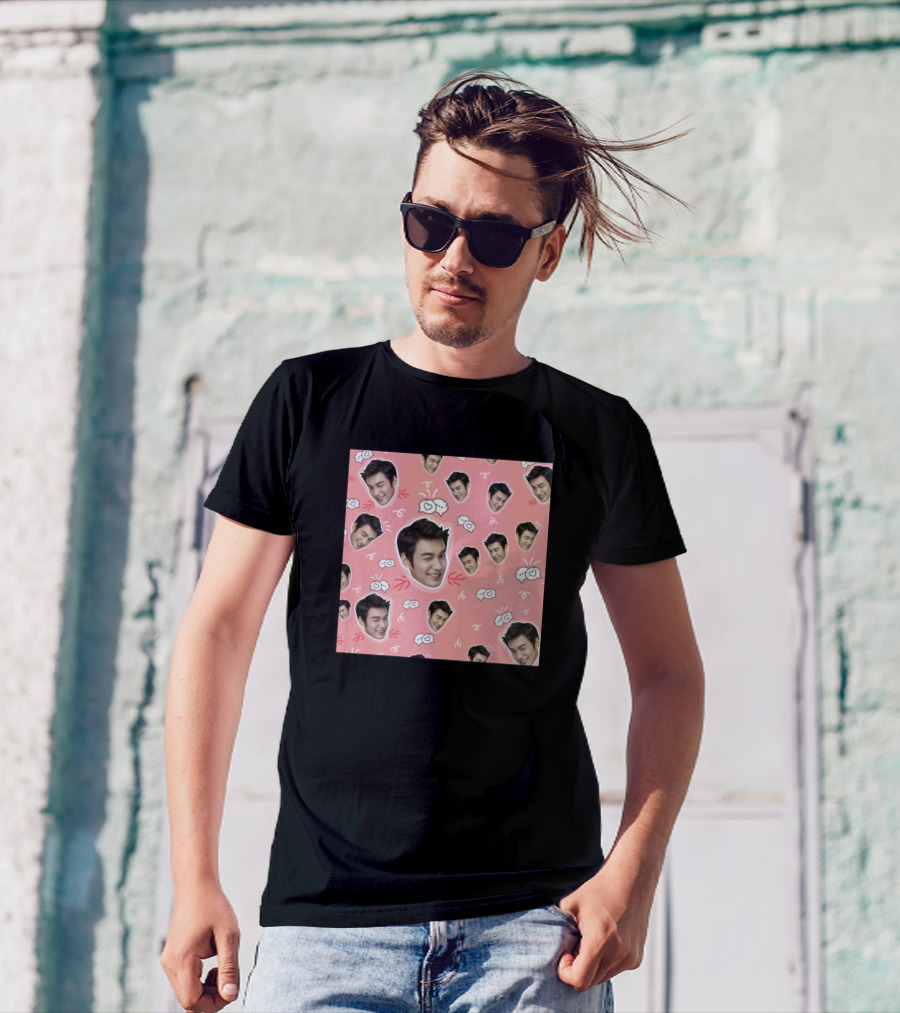 Lee Min Ho Smile Cute Pattern Faces Pink Background T-Shirt