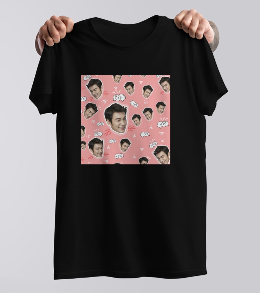Lee Min Ho Smile Cute Pattern Faces Pink Background T-Shirt