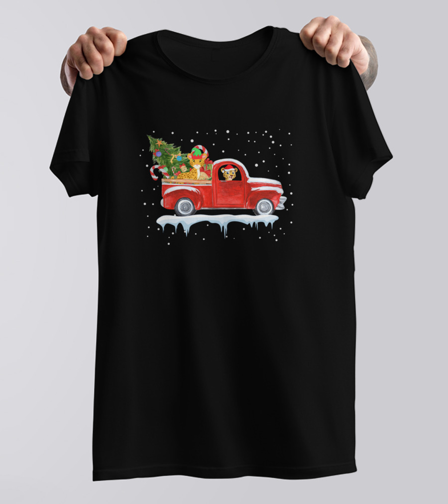 Red Truck Snow Leopard Christmas Tree T-Shirt