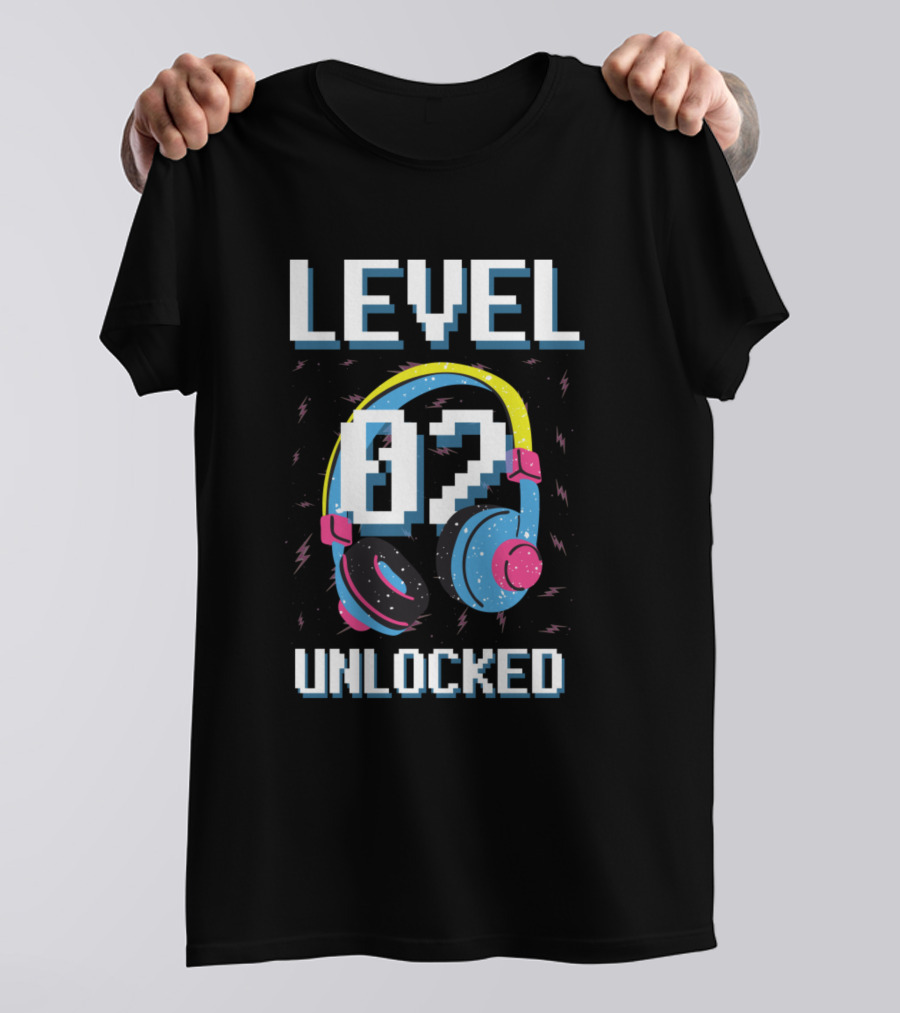 Level 02 Unlocked Pixel Art Headphones Gaming Birthday T-Shirt