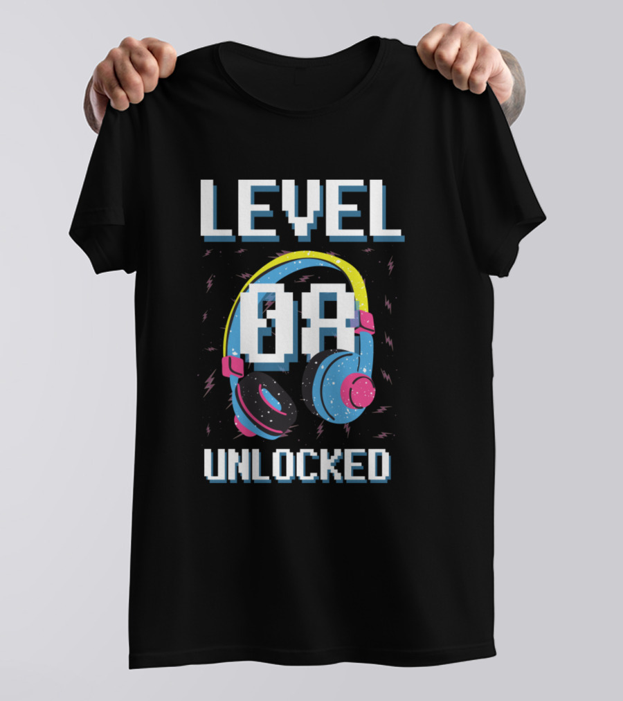 Level 08 Unlocked Gamer Birthday Headphones T-Shirt