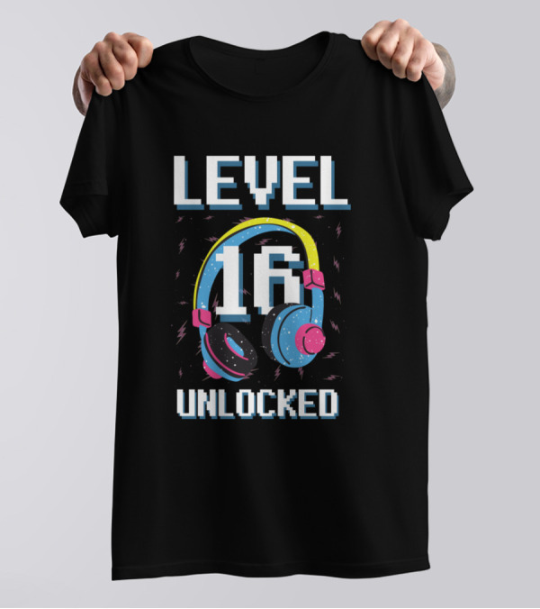 Level 16 Unlocked Gaming Birthday Headset Pixel T-Shirt