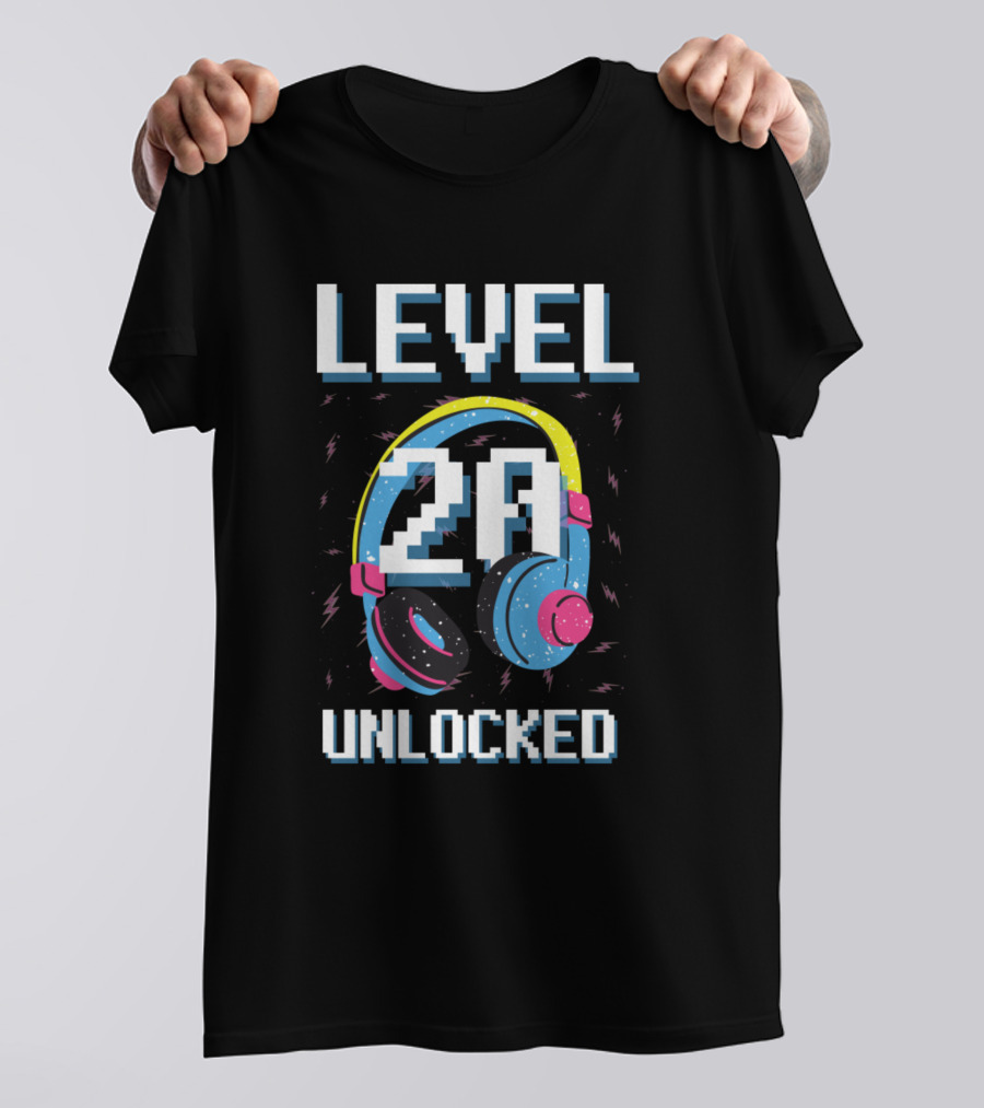 Level 20 Unlocked Headphones Gaming Pixel Art Birthday T-Shirt