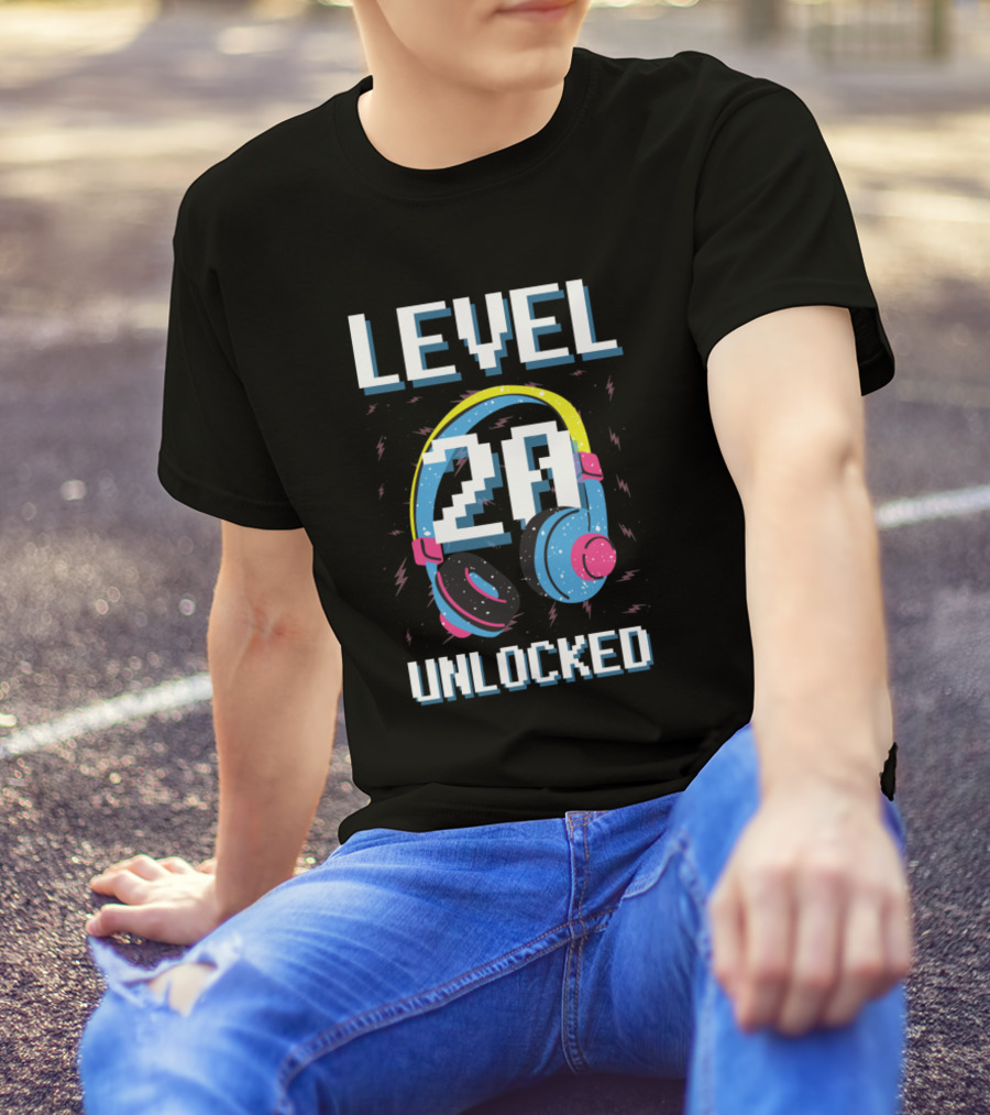 Level 20 Unlocked Headphones Gaming Pixel Art Birthday T-Shirt