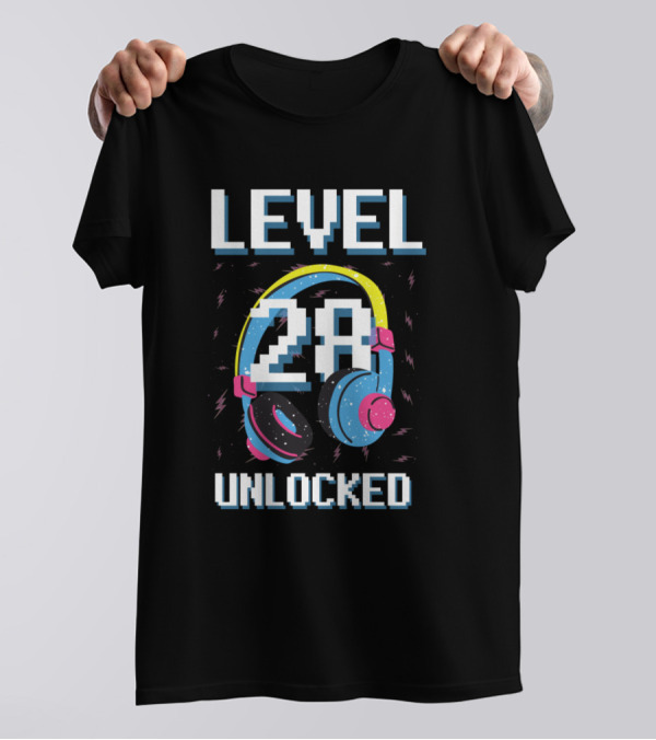 Level 28 Unlocked Gaming Birthday Headphones T-Shirt