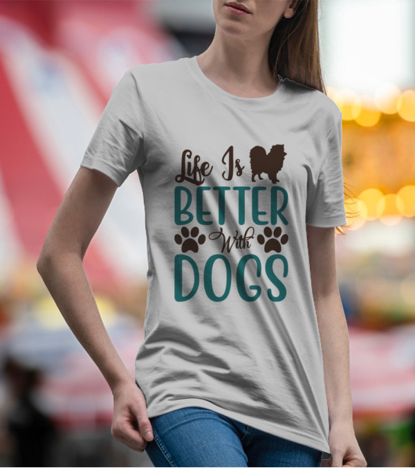 Life Is Better With Dogs Pomeranian Paw Prints T-Shirt