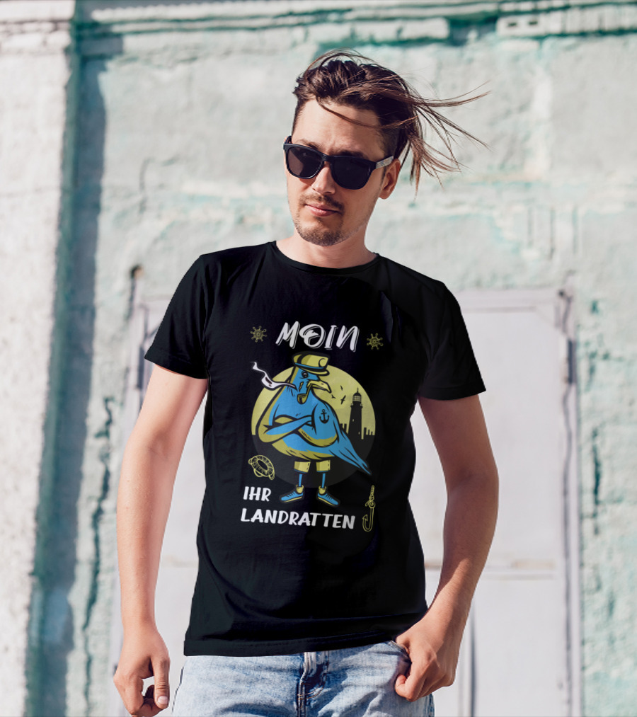 Moin Ihr Landratten Seagull With Lighthouse And Nautical Symbols T-Shirt