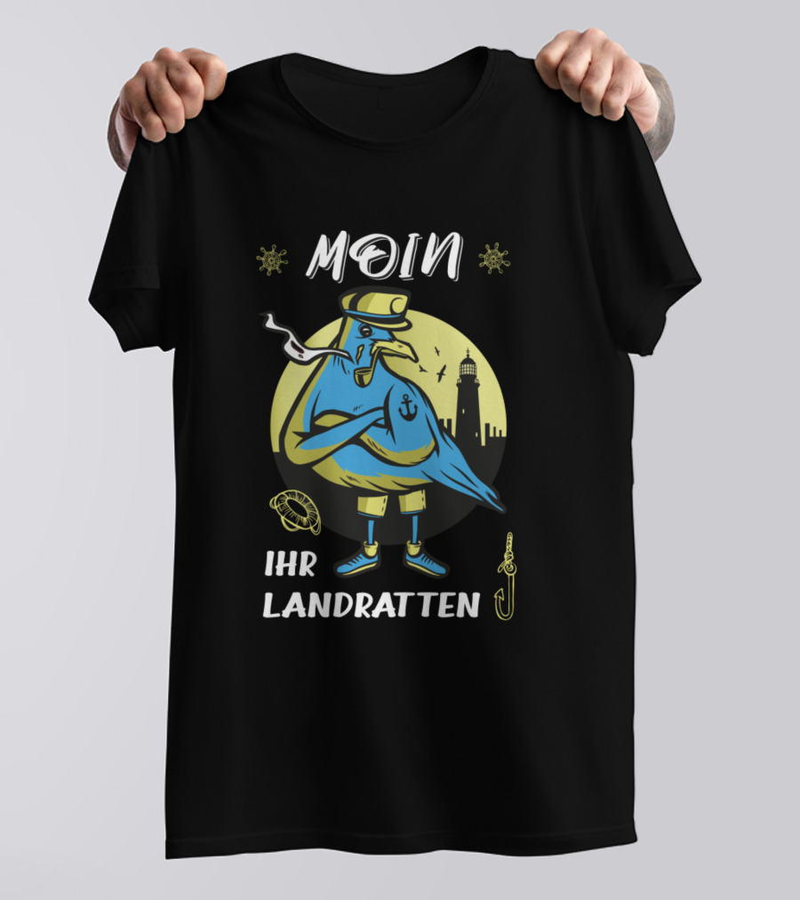 Moin Ihr Landratten Seagull With Lighthouse And Nautical Symbols T-Shirt