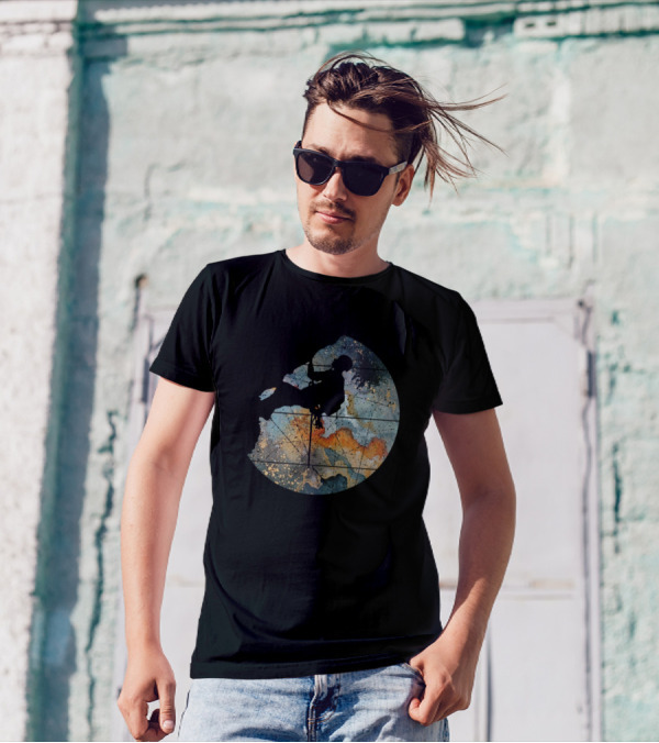 Mountain Climbing Hiking Silhouette On Abstract Cosmic Landscape T-Shirt