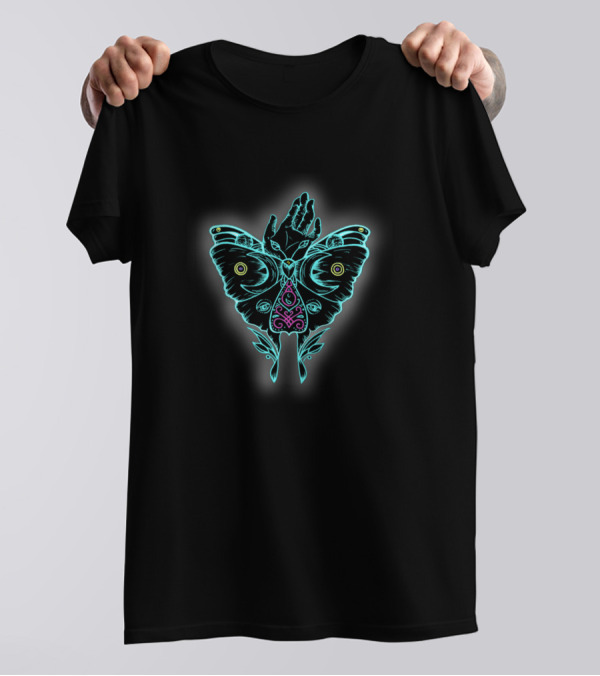 Neon Mother Butterfly Hand Symbol Luminescent Kaleidoscope T-Shirt