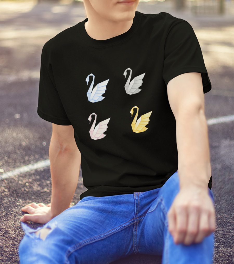 Colorful Origami Swans Quartet In Blue White Pink Yellow T-Shirt