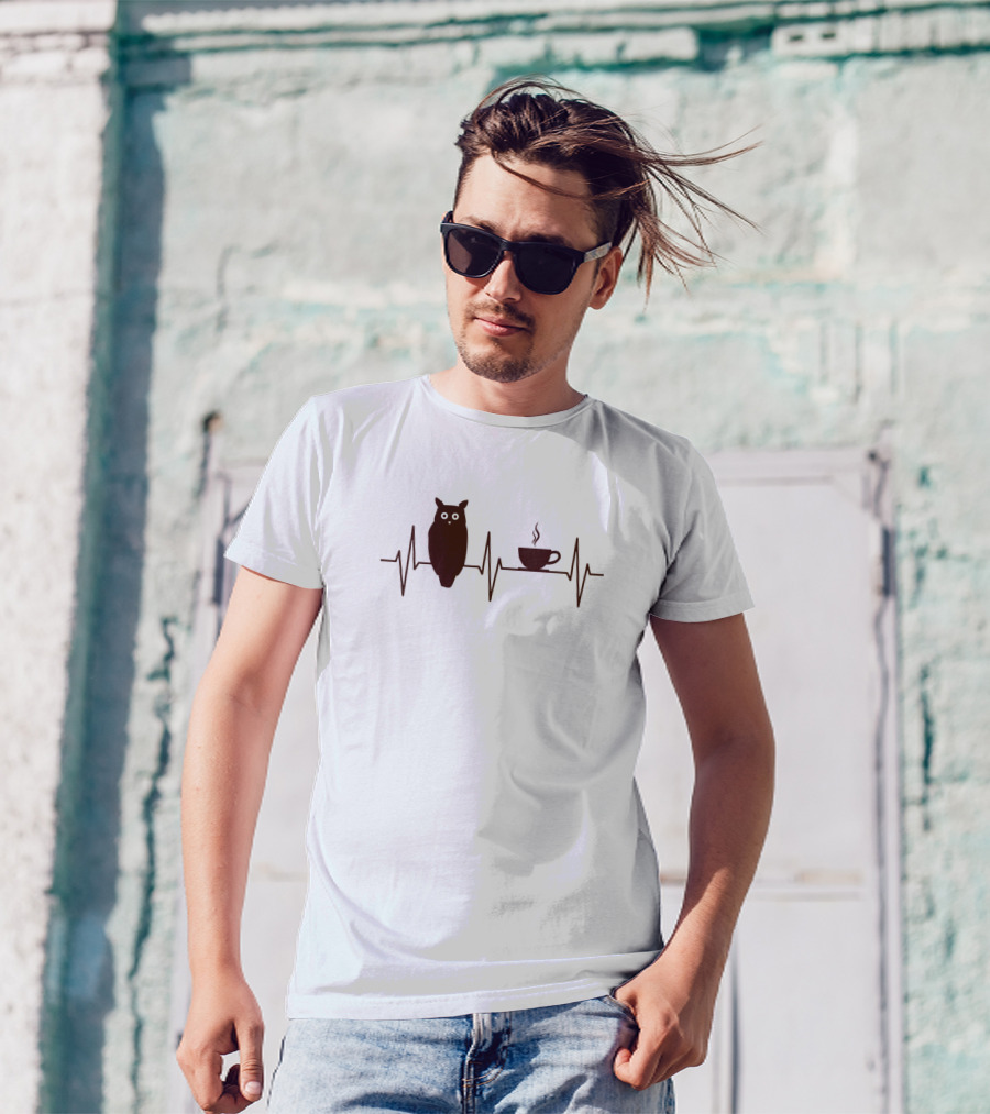 Owl Coffee Lover EKG Heartbeat Pulse T-Shirt