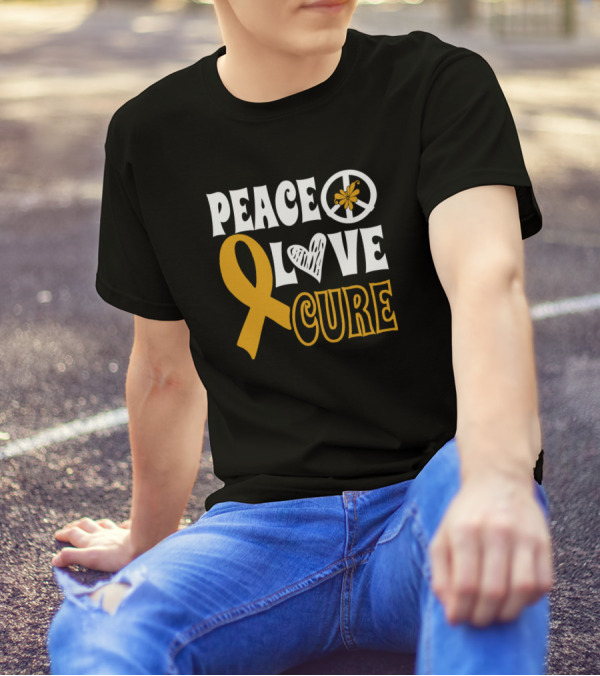 Peace Love Cure COPD Awareness Gold Ribbon Warrior Butterfly Heart T-Shirt